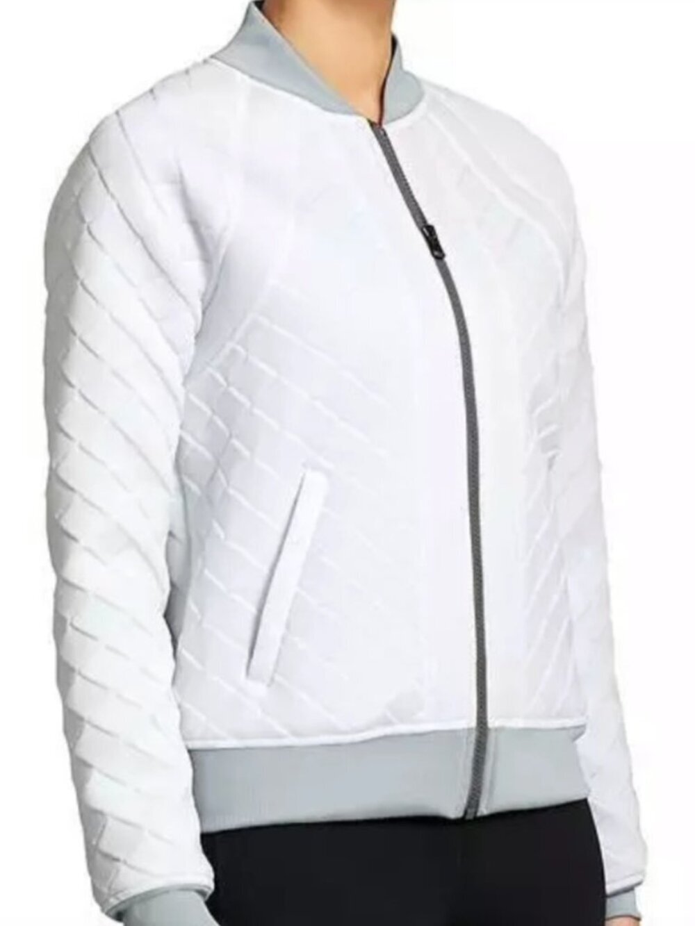 Athleta Infusion Diamond Quilt Stitch Zip Up Bomber Jacket in White/Grey, S